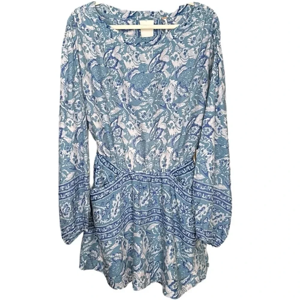 FREE PEOPLE Bohemian Mini Dress Silver Sun‎ Cutout Blue Washed Pockets, Medium